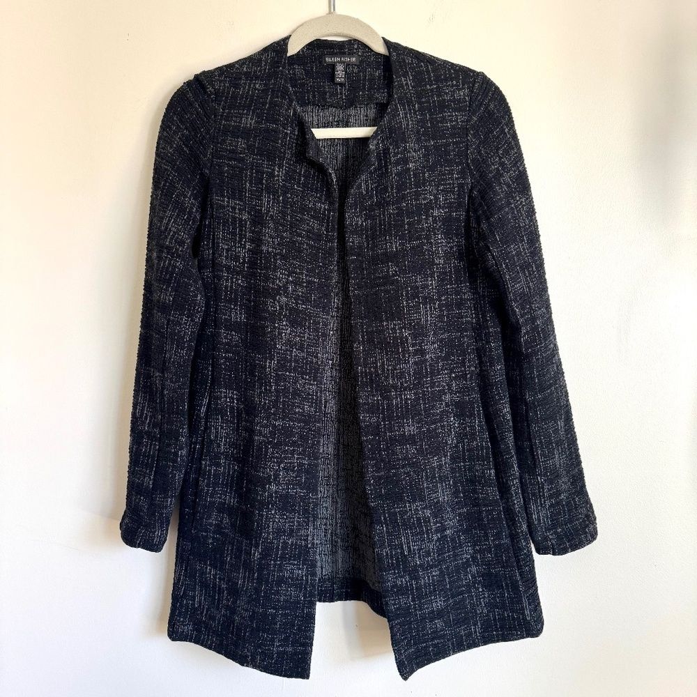 Eileen Fisher Stretch Tencel Cross Hatch Long Sleeve Blazer Jacket - Black/Grey